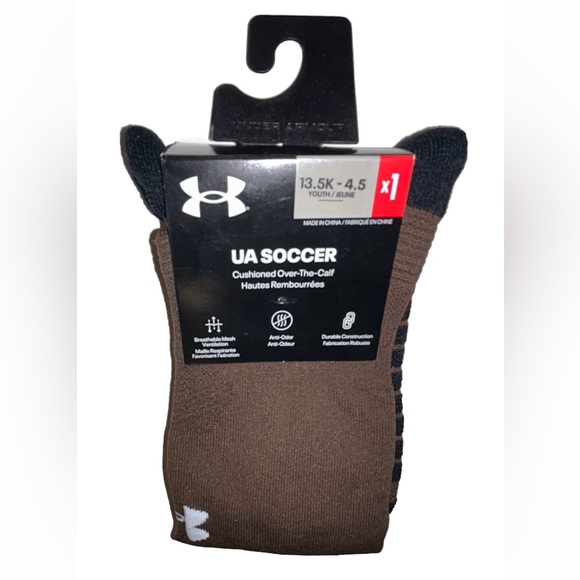 Under Armour UA OTC Soccer Socks 1 Pair Youth 13.5K-4.5 Brown w White Logo Kids - Picture 1 of 9